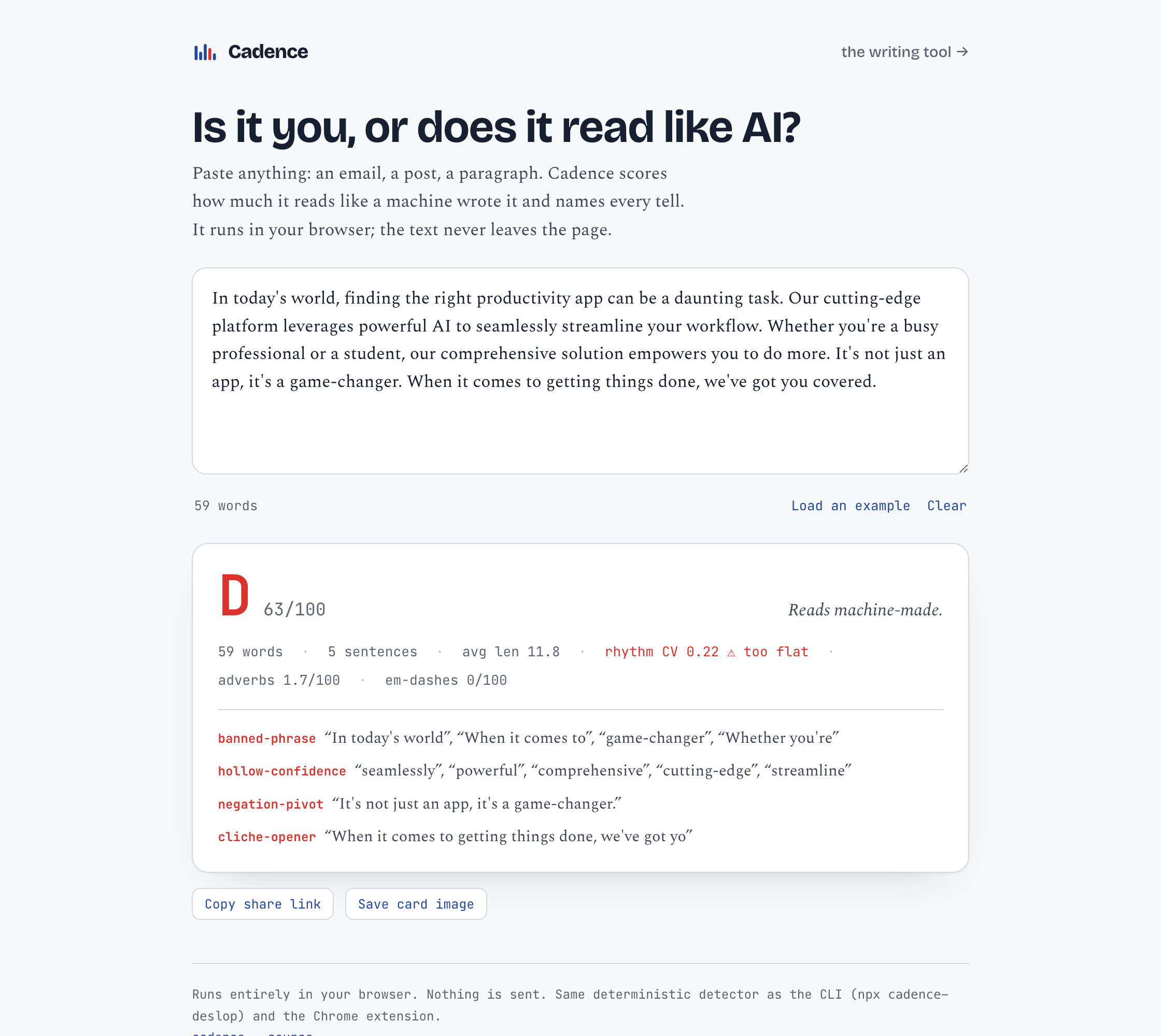 The Cadence score page grading a paragraph of AI marketing copy at grade D, with every tell named.