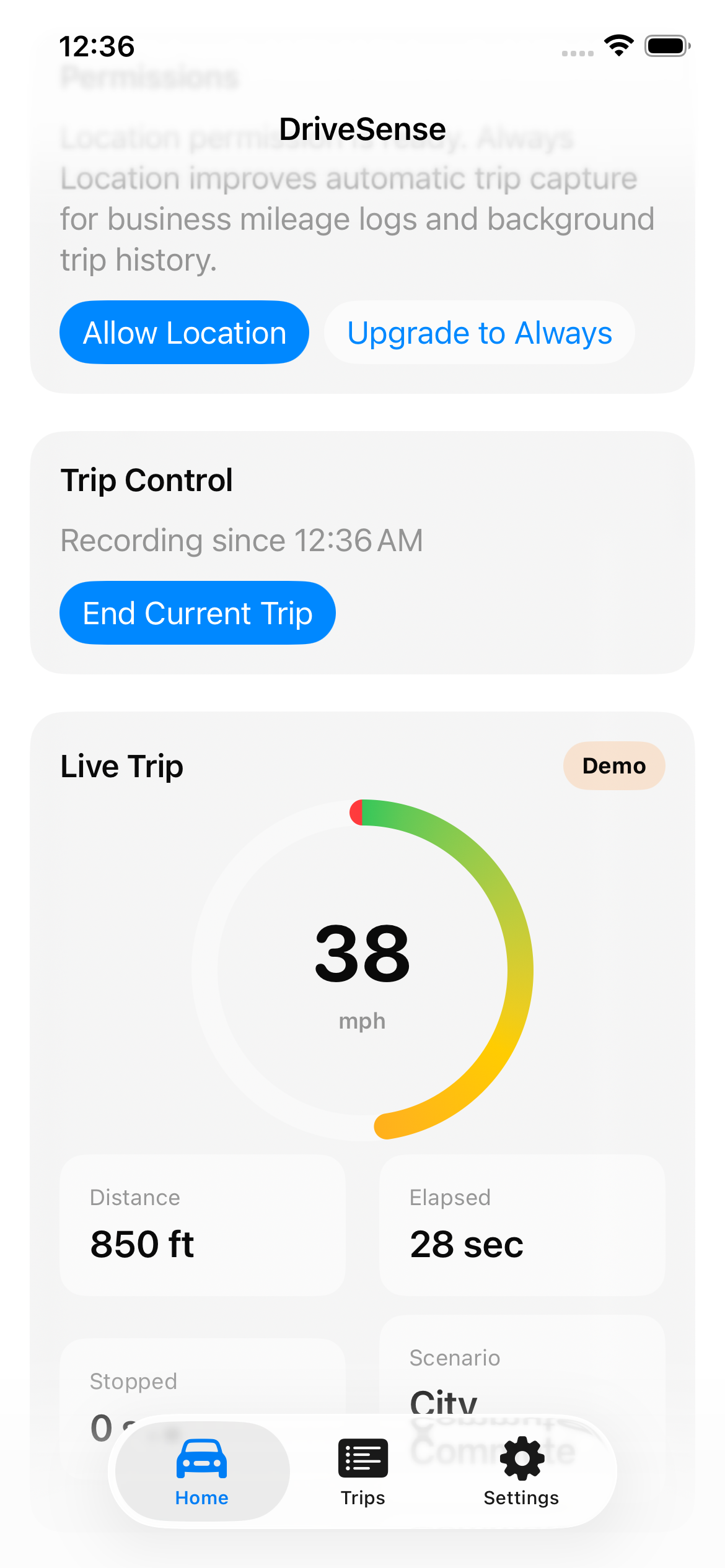 DriveSense city trip screen preview