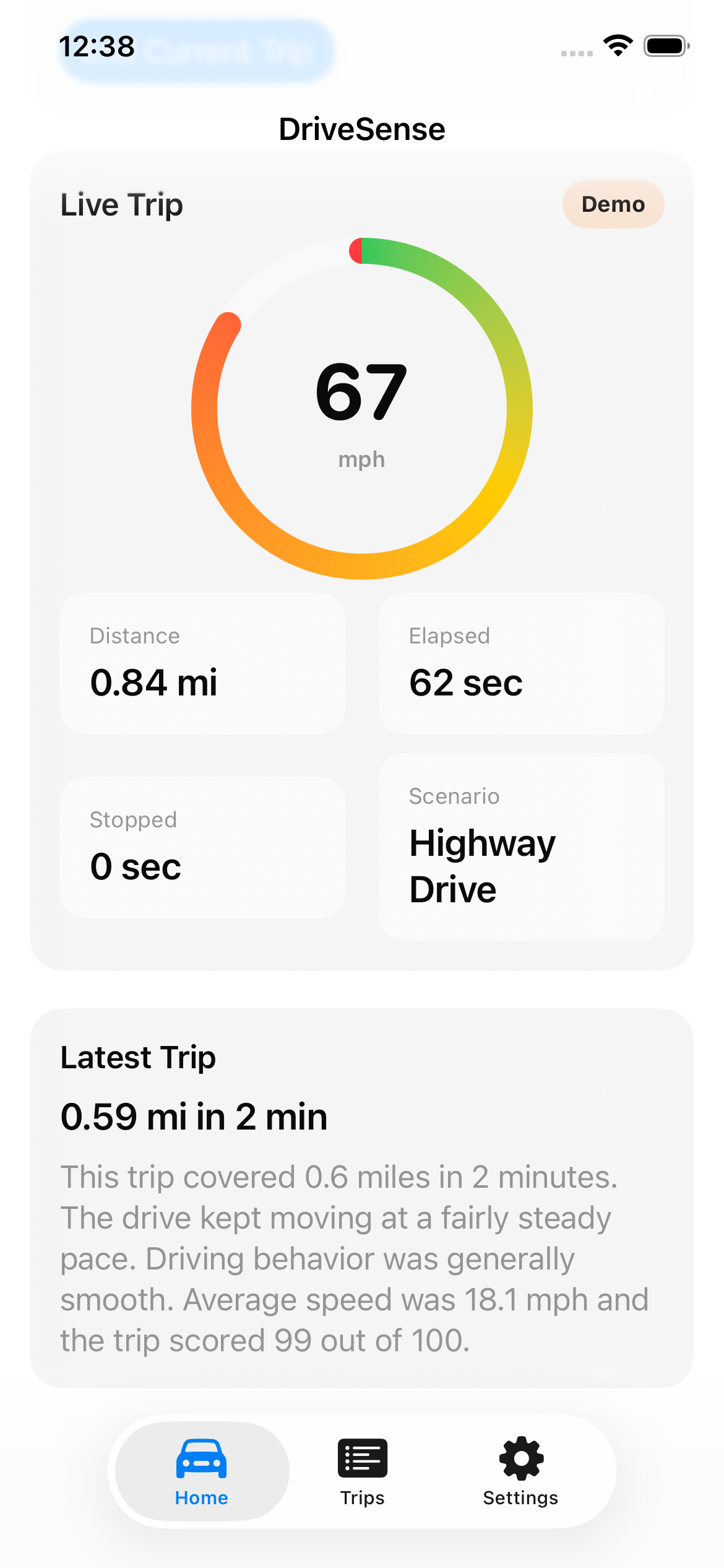 DriveSense highway live trip screen preview