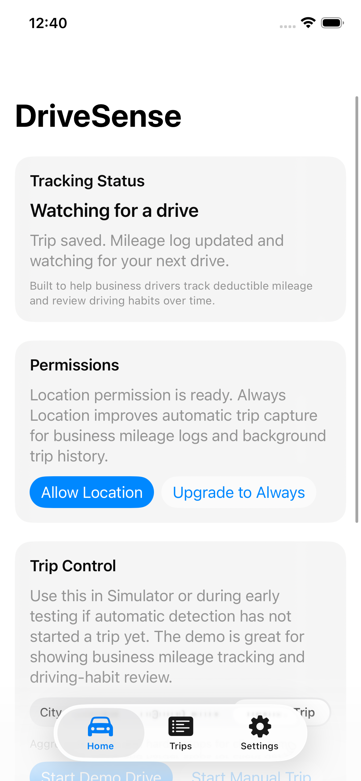 DriveSense home screen preview