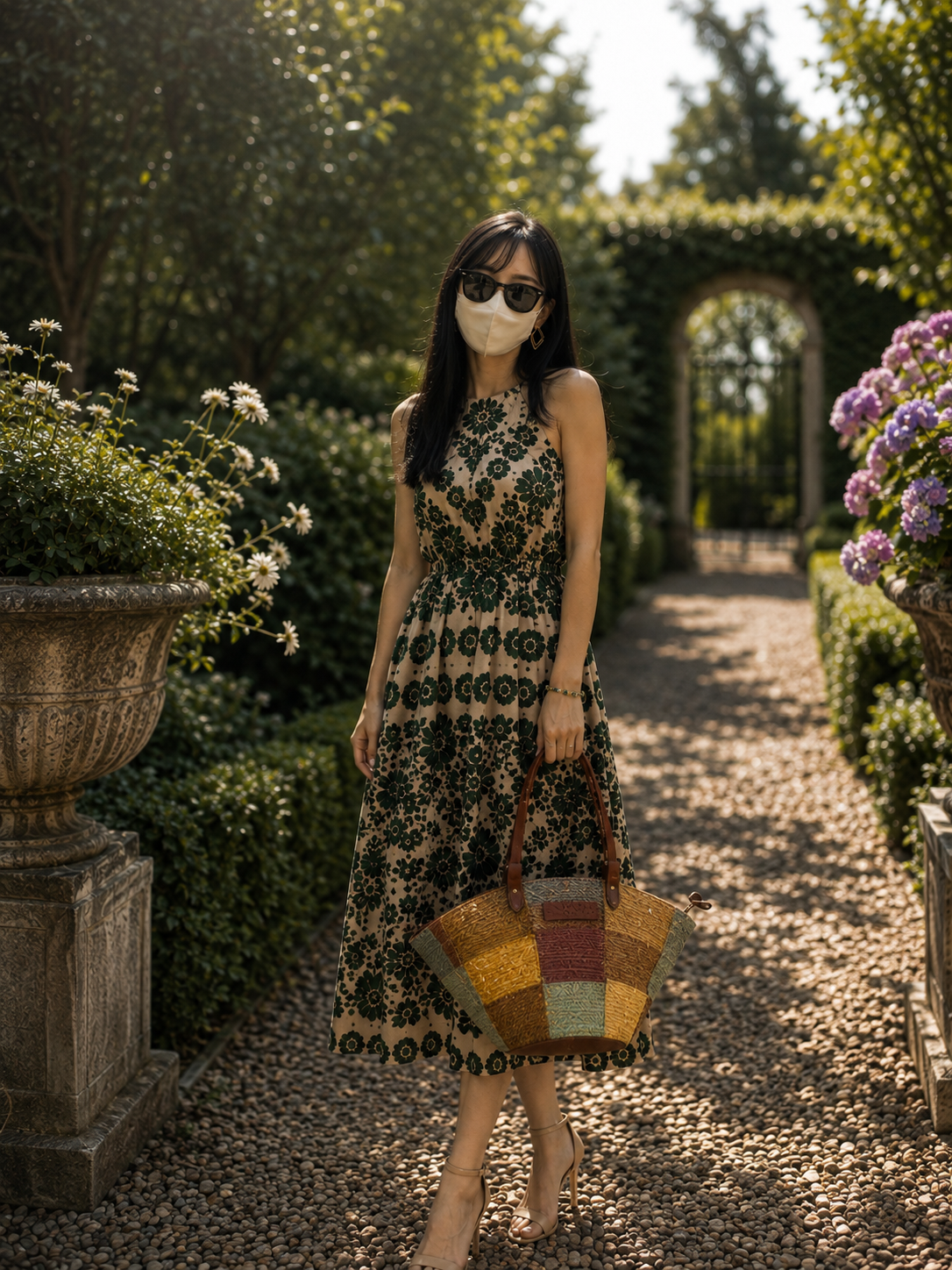 Garden look: floral midi dress, woven tote, sunglasses, heeled sandals