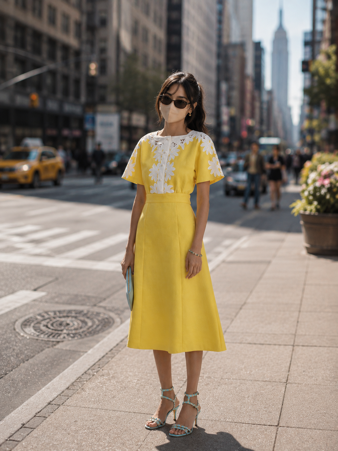 Yellow daisy applique midi dress, photographed on a city street