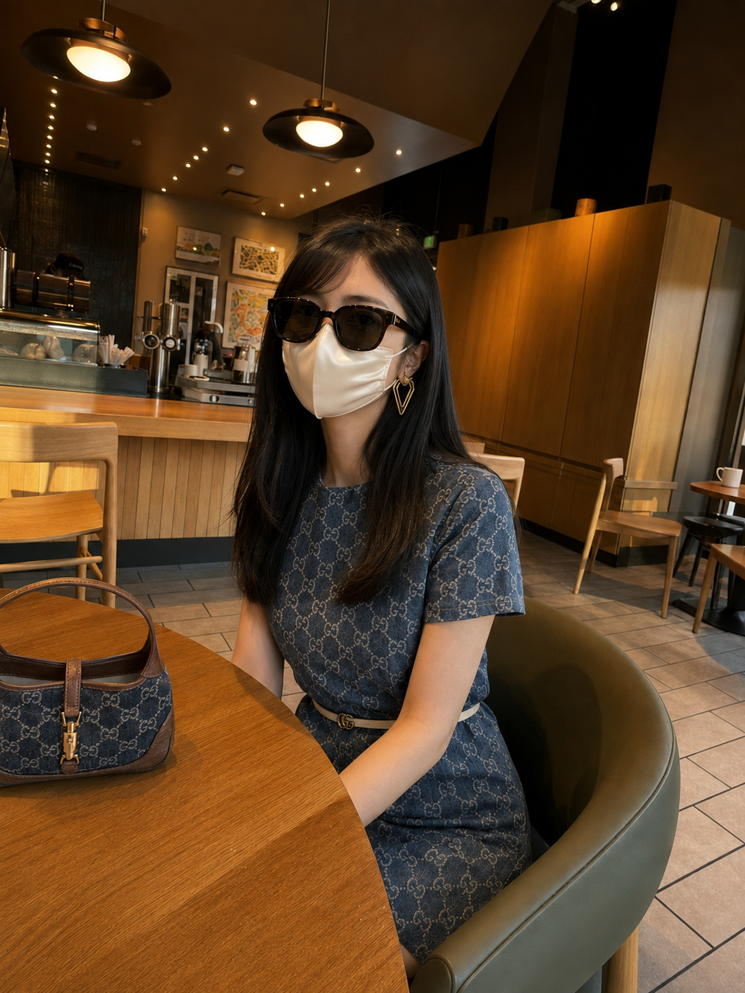 Cafe Gucci look: GG monogram dress, Gucci Jackie bag, belt, sunglasses