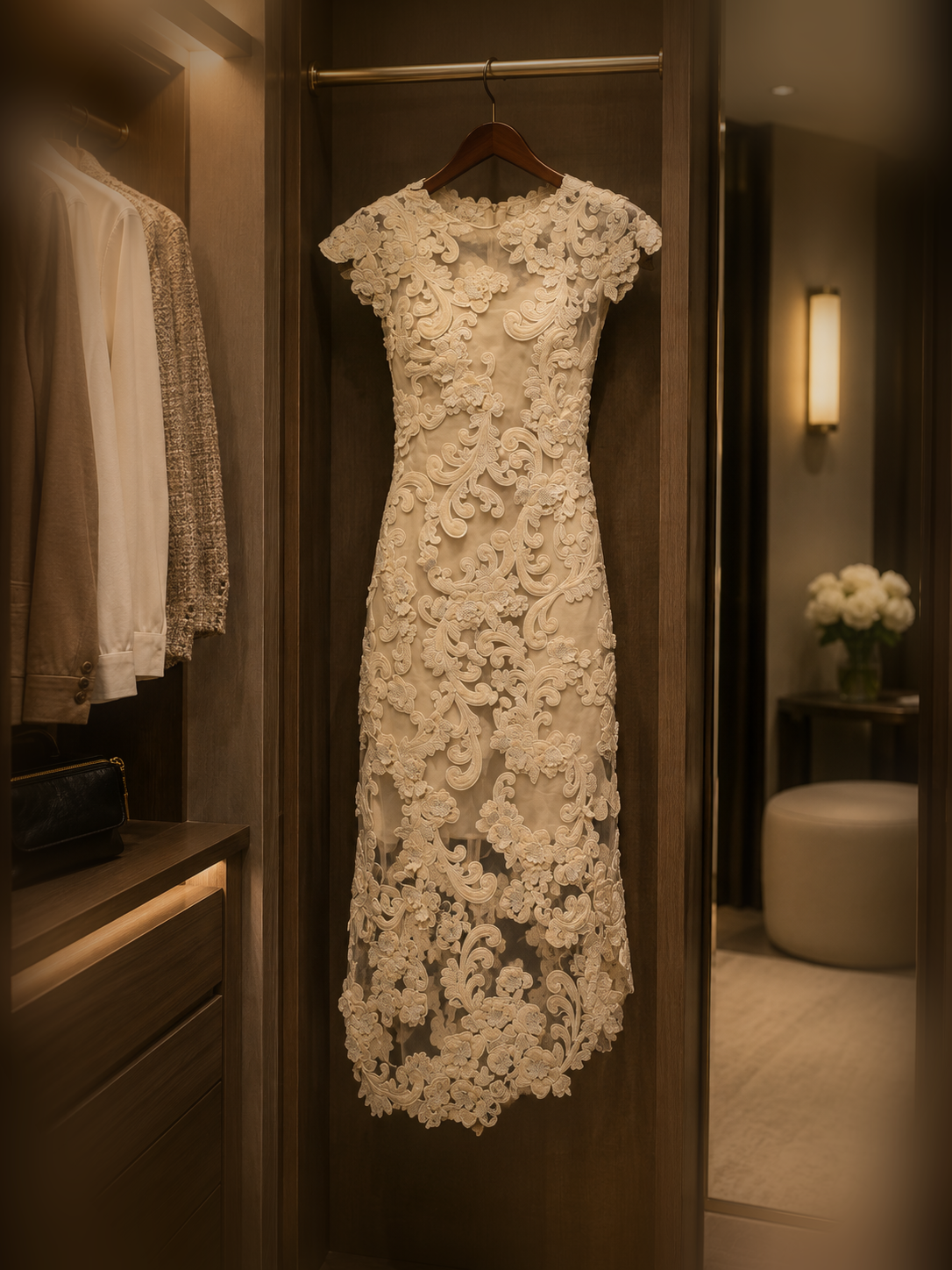 Ivory floral lace cap-sleeve fitted midi cocktail dress on a hanger