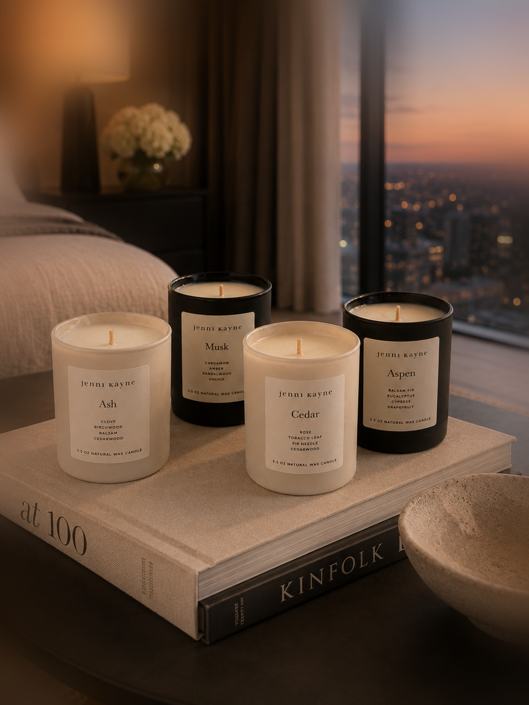Set of four Jenni Kayne natural wax candles, Ash, Musk, Cedar, Aspen