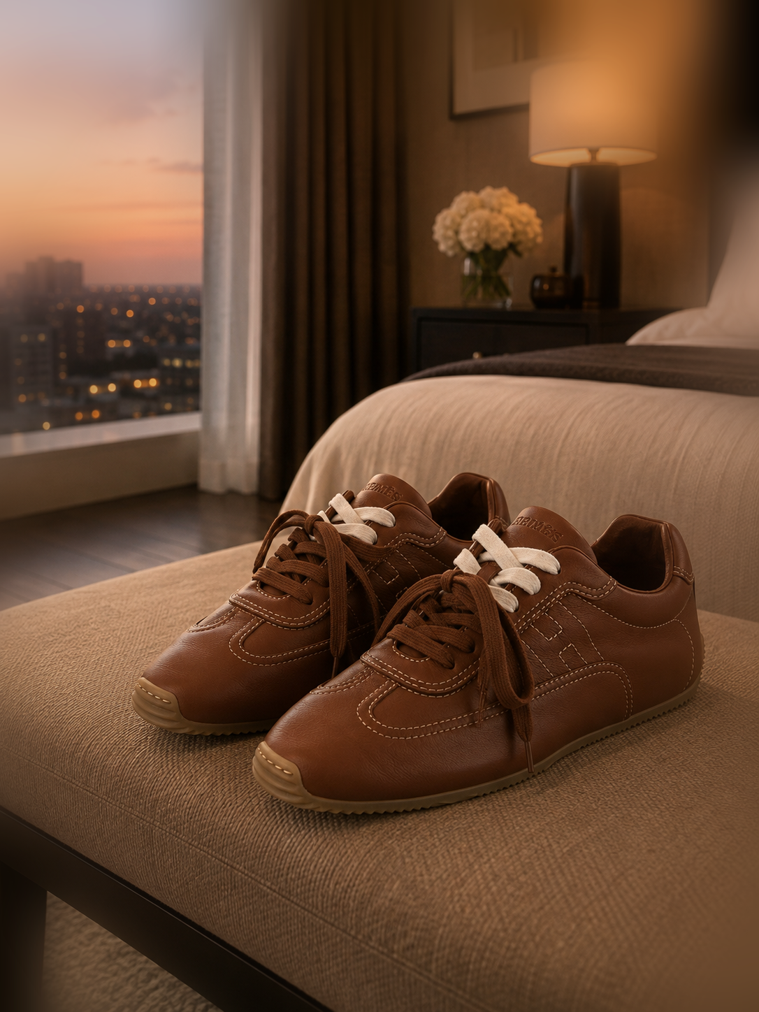 Pair of Hermès Quick sneakers in cognac calfskin leather with perforated H