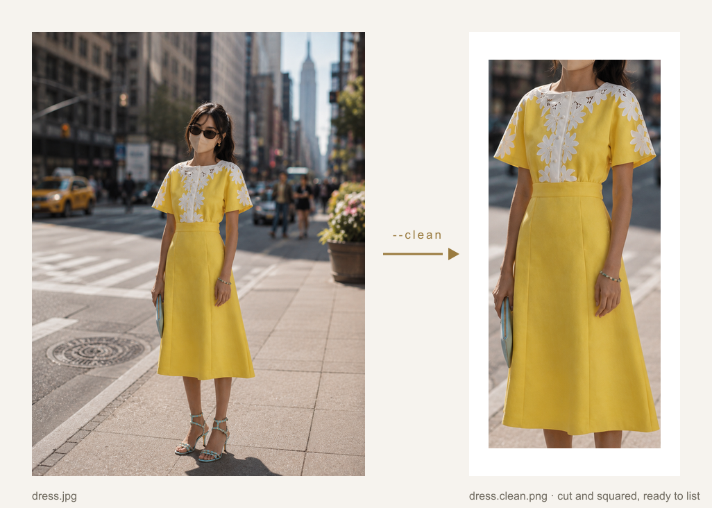 Before and after of the clean step: the street photograph beside the cut and squared dress on a white ground