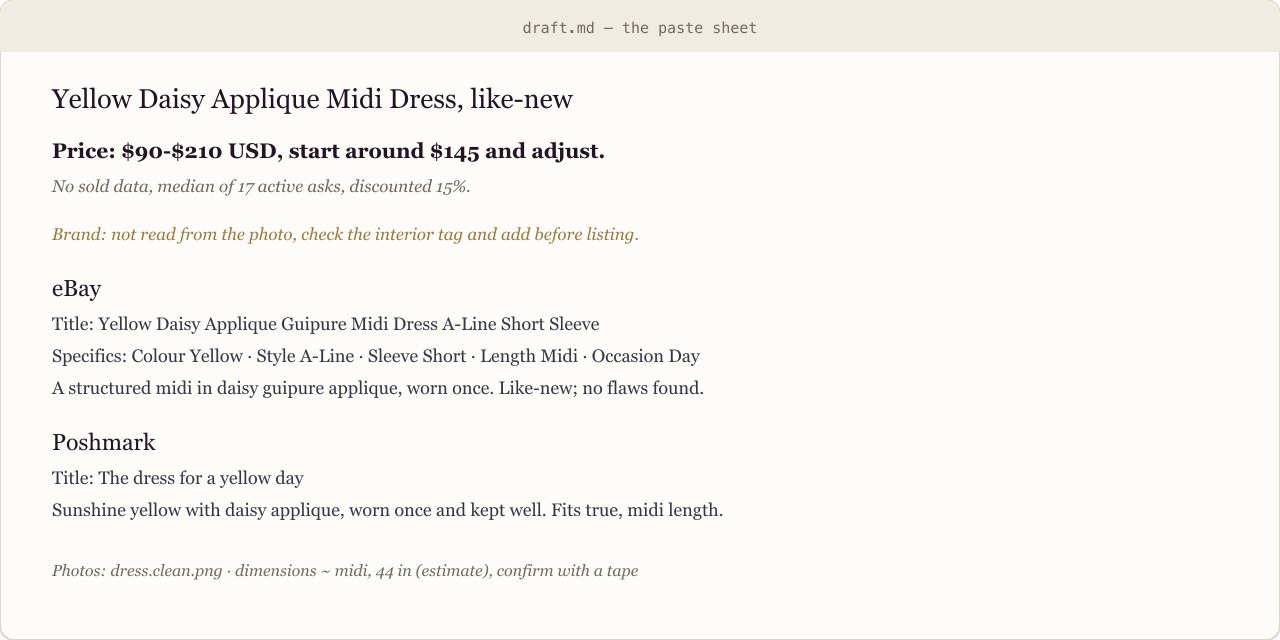The draft.md paste sheet: price 90 to 210 dollars, eBay and Poshmark blocks, a note to add the brand from the interior tag