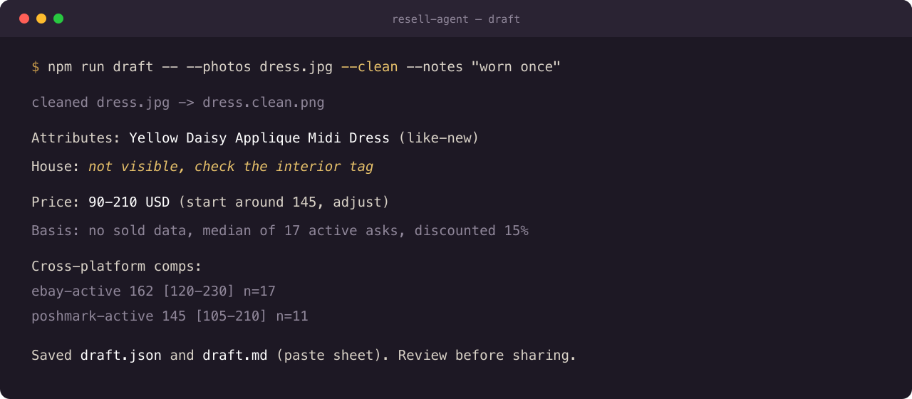 Terminal output of the draft run: attributes read, house not visible, price 90 to 210 dollars from 17 active asks, draft saved